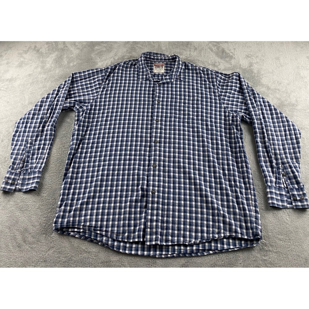 Wrangler‎ Jeans Co Mens 2XL Blue White Gingham Check Cotton Button Down Shirt